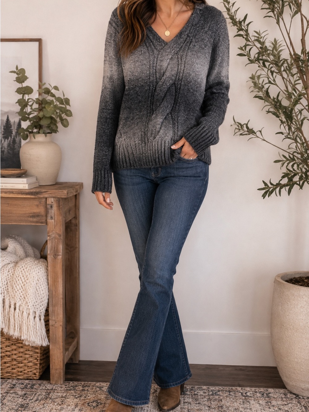 L.O.G.G. H&M Gray Ombre Cable Knit Mohair Wool Blend V Neck Sweater S
